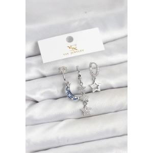 BFS Pirinç Gümüş Renk Zirkon Taşlı Ay ve Yıldız Model YSX Trio Küpe Seti