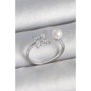 BFS Pirinç Gümüş Renk Zirkon Taşlı Çiçek Model İnci Detay Ayarlanabilir Kadın Yüzük