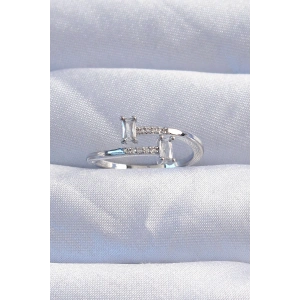 BFS Pirinç Gümüş Renk Zirkon Taşlı Geometrik Ayarlanabilir Yüzük