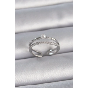 BFS Pirinç Gümüş Renk Zirkon Taşlı İnci Detay Ayarlanabilir Model Kadın Yüzük