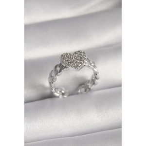 BFS Pirinç Gümüş Renk Zirkon Taşlı Kalp Model Kadın Yüzük