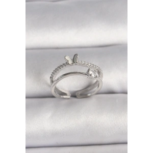 BFS Pirinç Gümüş Renk Zirkon Taşlı Kelebek Figürlü Ayarlanabilir Yüzük