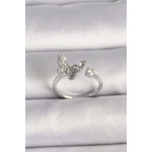 BFS Pirinç Gümüş Renk Zirkon Taşlı Kelebek Model İnci Detay Ayarlanabilir Yüzük