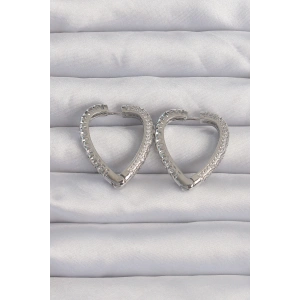 BFS Pirinç Gümüş Renk Zirkon Taşlı Motifli Kalp Küpe