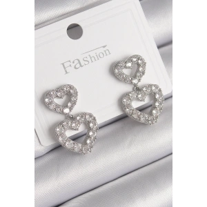 BFS Pirinç Gümüş Renk Zirkon Taşlı Sallantı Kalp Model Kadın Küpe