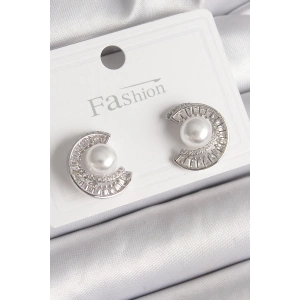 BFS Pirinç Gümüş Renk Zirkon Taşlı Salyangoz Model İnci Detay Kadın Küpe