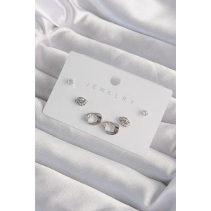 BFS Pirinç Gümüş Renk Zirkon Taşlı Yaprak Model Küpe Seti