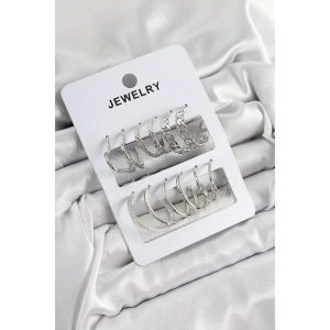 BFS Pirinç Karışık Halka Model Gümüş Renk 6 Çift Kadın Küpe Set