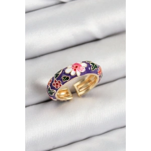 BFS Pirinç Mor Mineli Çiçek Motifli Gold Renk Ayarlanabilir Kadın Yüzük