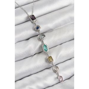 BFS Pirinç Renkli Zirkon Taşlı Model Gümüş Renk Kadın Y Kolye