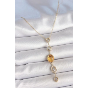 BFS Pirinç Zincir Kehribar Sarı Gold Renk  Zirkon Taşlı Y Kolye