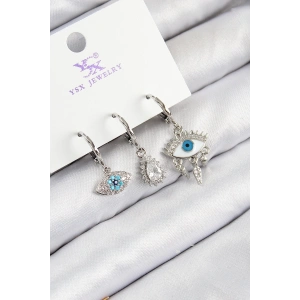 BFS Pirinç Zirkon Taşlı 3lü Fatmanın Gözü Model Gümüş Renk Kadın Küpe