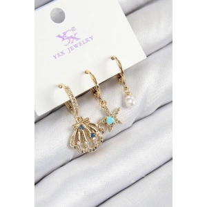 BFS Pirinç Zirkon Taşlı 3lü İstiridye Ve Yıldız Model Gold Renk Kadın Küpe