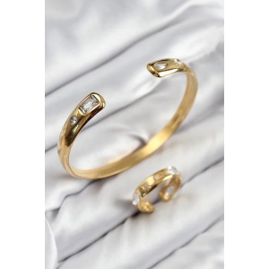 BFS Pirinç Zirkon Taşlı Ayrık Model Gold Renk Bileklik Yüzük Set