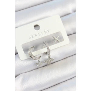 BFS Pirinç Zirkon Taşlı Çiçek Ve Ay Model Gümüş Renk 3lü Çift Kadın Küpe Set