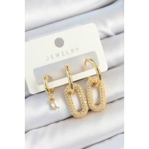 BFS Pirinç Zirkon Taşlı Dikdörtgen Model Gold Renk 3lü Çift Kadın Küpe Set