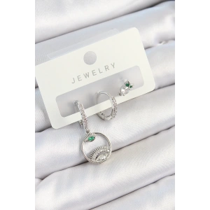 BFS Pirinç Zirkon Taşlı Göz Ve Baykuş Model Gümüş Renk 3lü Çift Kadın Küpe Set