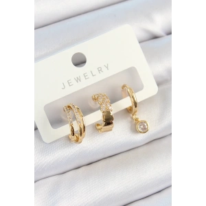 BFS Pirinç Zirkon Taşlı Halka Model Gold Renk 3lü Çift Kadın Küpe Set