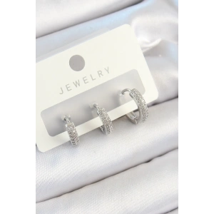 BFS Pirinç Zirkon Taşlı Halka Model Gümüş Renk 3lü Çift Kadın Küpe Set