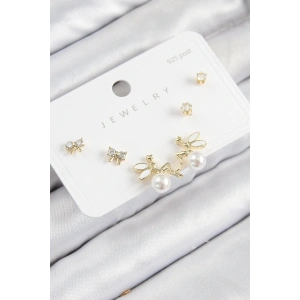 BFS Pirinç Zirkon Taşlı İnci Melek Model Gold Renk 925 Ayar Gümüş Çivi Kadın Küpe Set