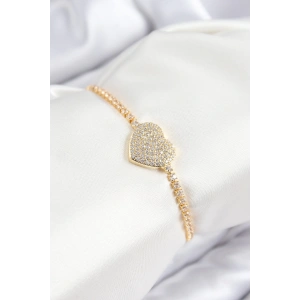 BFS Pirinç Zirkon Taşlı Kalp Model Gold Renk Asansörlü Kadın Bileklik
