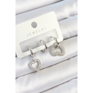 BFS Pirinç Zirkon Taşlı Kalp Model Gümüş Renk 3lü Çift Kadın Küpe Set