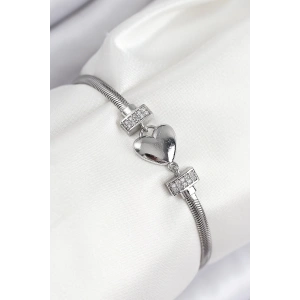 BFS Pirinç Zirkon Taşlı Kalp Model Gümüş Renk Kadın Bileklik