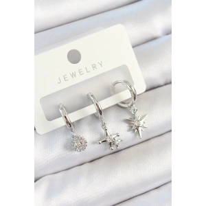 BFS Pirinç Zirkon Taşlı Kutup Yıldızı Model Gümüş Renk 3lü Çift Kadın Küpe Set