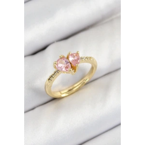 BFS Pirinç Zirkon Taşlı Pembe Kalp Model Gold Renk Kadın Yüzük