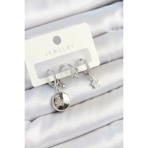 BFS Pirinç Zirkon Taşlı Sallantılı Yıldız Model Gümüş Renk 3lü Çift Kadın Küpe Set