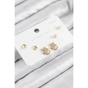BFS Pirinç Zirkon Taşlı Yıldız Model Gold Renk 925 Ayar Gümüş Çivi Kadın Küpe Set