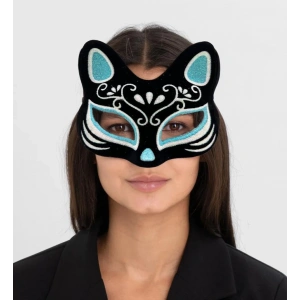 BFS     Siyah Renk Süet Kaplama Üzeri Gümüş Mavi Simli Kedi Maskesi 17x14 cm