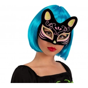 BFS     Siyah Renk Süet Kaplama Üzeri Sarı Pembe Simli Kedi Maskesi 17x14 cm