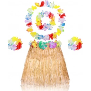 BFS   Yetişkin Çocuk Hawaii Parti Seti - 40 cm Naturel Etek + Çiçek Aksesuarlar (5 Parça)