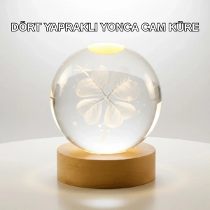 BFS Yonca Figürlü Cam Küre USB Işıklı Ahşap Tabanlı Dekoratif Masa Lambası