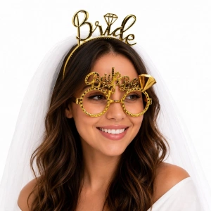 Bride Yazılı Gold Taç Ve Parti Gözlüğü Seti