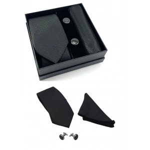 Kravat Düğme Set Siyah Desenli Kravat Mendil Kol Düğmesi Özel Set