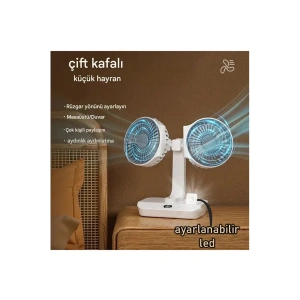 Masaüstü Dijital Ekranlı Çift Fanlı Led Işıklı Soğutucu Fan Ev Ofis Şarjlı Vantilatör