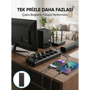 Mey İthalat® 10 Prizli USB Destekli Çoklu Priz Type-C Şarj Girişli Güvenli Güç Ünitesi