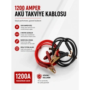 Mey İthalat® 1200 Amper Akü Takviye Kablosu 2 Metre Bakır Uçlu