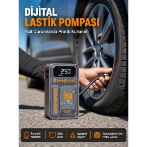 Mey İthalat® 150 PSI Kablosuz Dijital Ekranlı Taşınabilir Araç Lastik Pompası