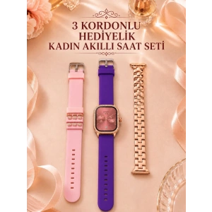 Mey İthalat® 3 Kordonlu Rose Gold Kasalı Kadın Akıllı Saat Seti