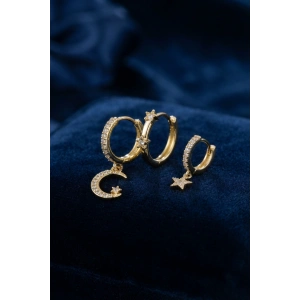 Mey İthalat® 3 lü Ay ve Yıldız Model Gold Renk Set Küpe