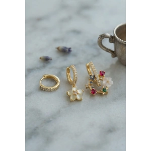 Mey İthalat® 3 lü Set Gold Renk Çiçek Model Küpe