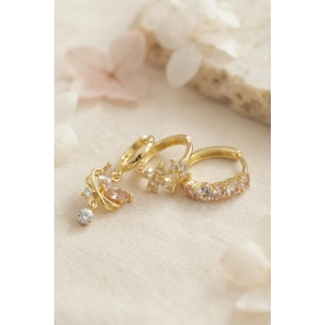 Mey İthalat® 3 lü Set Gold Renk Zirkon Taşlı Kelebek Model Küpe