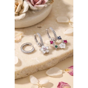 Mey İthalat® 3 lü Set Gümüş Renk Çiçek Model Küpe