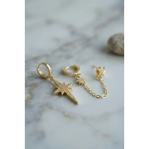 Mey İthalat® 3 lü Set Küpe Gold Renk Zincir Detaylı