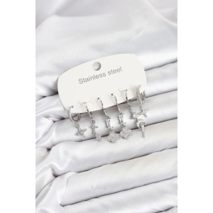 Mey İthalat® 316L Çelik Gümüş Renk Zirkon Taşlı Yonca Detaylı Kadın Küpe Seti