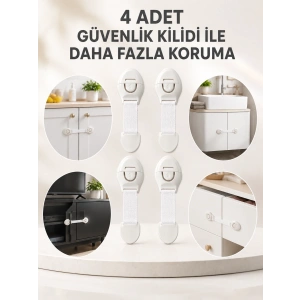 Mey İthalat® 4lü Esnek Kayışlı Çocuk Güvenlik Kilidi Pratik ve Güvenli Kullanım