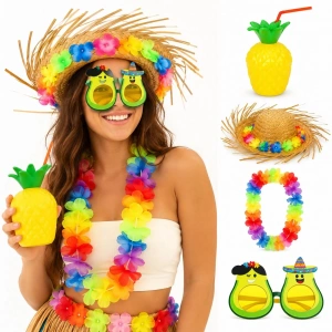 Mey İthalat® 4 Parça Hawaii Parti Seti Ananas Bardak Hasır Şapka Avokado Gözlük Çiçek Kolye